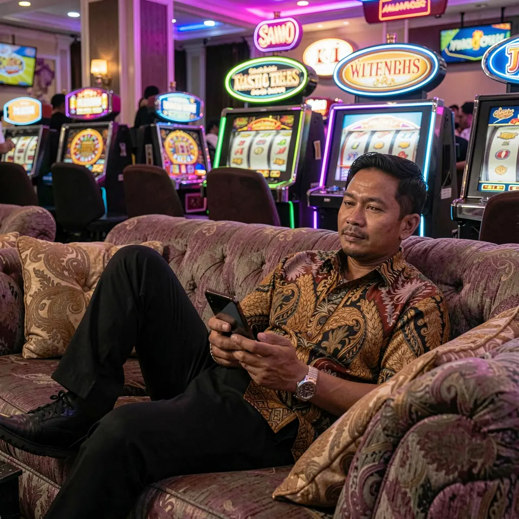 Stylish Indonesian player using the UH77 casino app on a smartphone while relaxing on a sofa with colorful slot machines glowing behind him