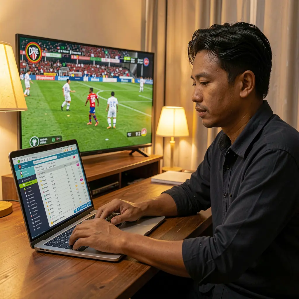 Indonesian sports betting enthusiast placing live soccer bets on a laptop through UH77 while following a match on TV in a cozy home setting