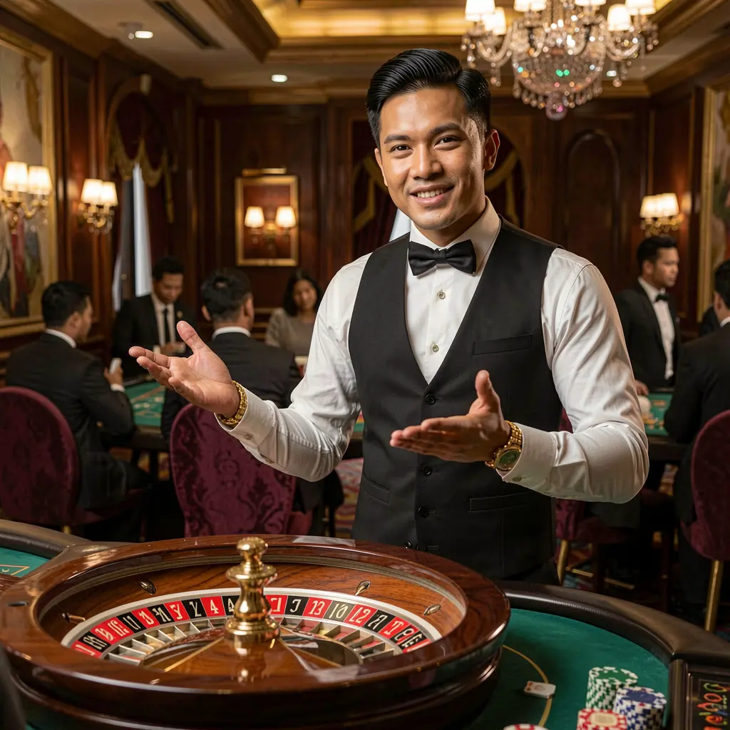 Well dressed casino dealer presenting a roulette wheel in a luxury gaming environment highlighting the immersive live casino experience at UH77 for players in Indonesia
