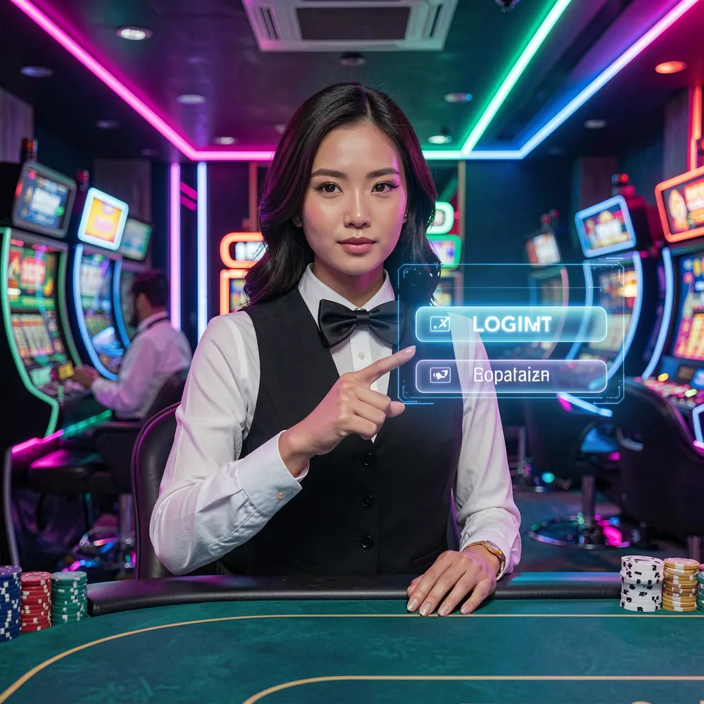 Confident Indonesian casino dealer pointing at a virtual login button inside the UH77 platform with modern neon casino visuals