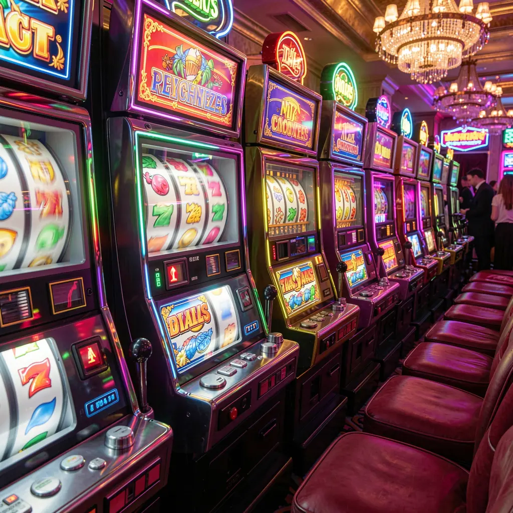 A vibrant row of glowing slot machines with spinning reels and colorful symbols in a modern casino atmosphere representing the exciting online slot experience at UH77 for players in Indonesia